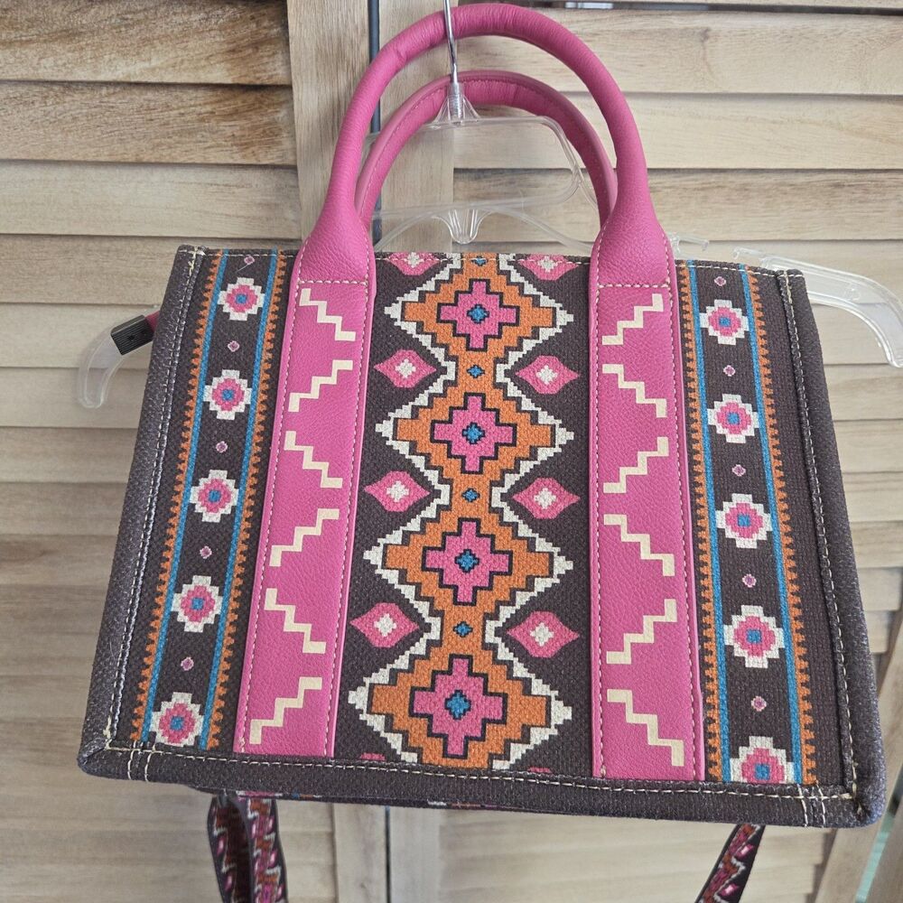 Wrangler Southwestern Aztec Canvas Tote Bag Crossbody Pink Brown Purse Cowgirl - Picture 3 of 6